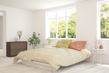 Stylish bedroom in white color with summer landscape in window. Scandinavian interior design. 3D illustration