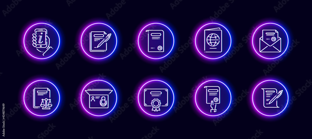 Poster 10 in 1 vector icons set related to legal document theme. lineart vector icons in neon glow style