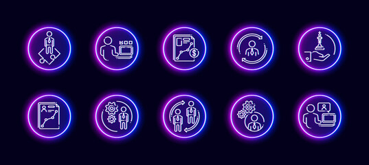 10 in 1 vector icons set related to business company management theme. Lineart vector icons in neon glow style