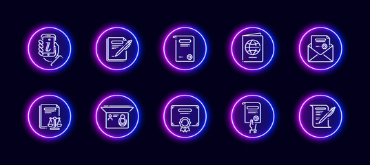 10 in 1 vector icons set related to legal document theme. Lineart vector icons in neon glow style