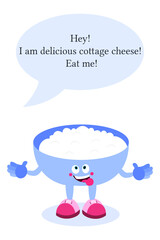 Cartoon cottage cheese. Curd cheese with face, arms and legs. Food is like a smiley for children.