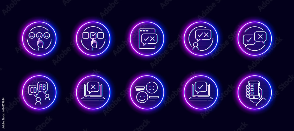 Poster 10 in 1 vector icons set related to business survey theme. lineart vector icons in neon glow style