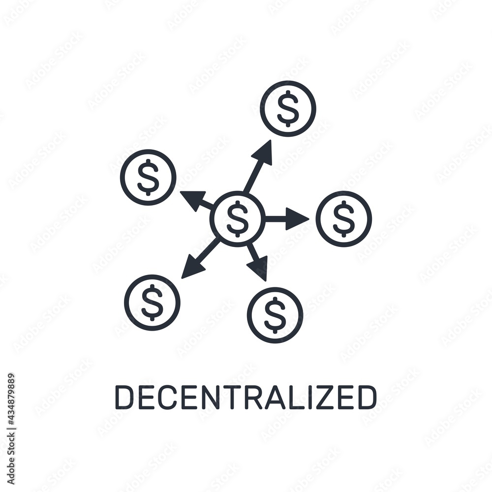 Poster decentralization of financial management. vector linear icon isolated on white background.