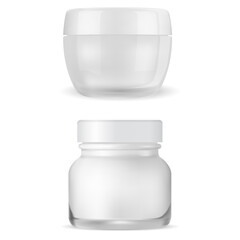 Cream jar mockup. Clear cosmetic package, face creme container. 3d vector can, glossy glass packaging for skin blush care gel, woman makeup product realistic template blank
