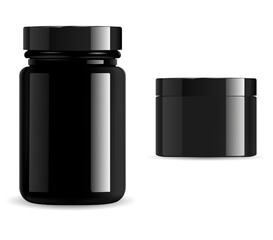 Black cosmetic package, vitamin jar mockup set. Supplement packaging container, gloss glass or plastic 3d vector template. Premium product can, skin wax, charcoal