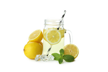 Glass jar of lemonade isolated on white background