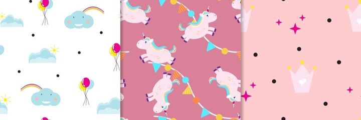 Obraz na płótnie Canvas Cute girly seamless patterns with princess items. For textile, wallpaper, wrapping paper, packaging, book cover. Vector pattern.