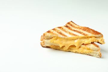 Tasty grilled sandwich on white background, space for text