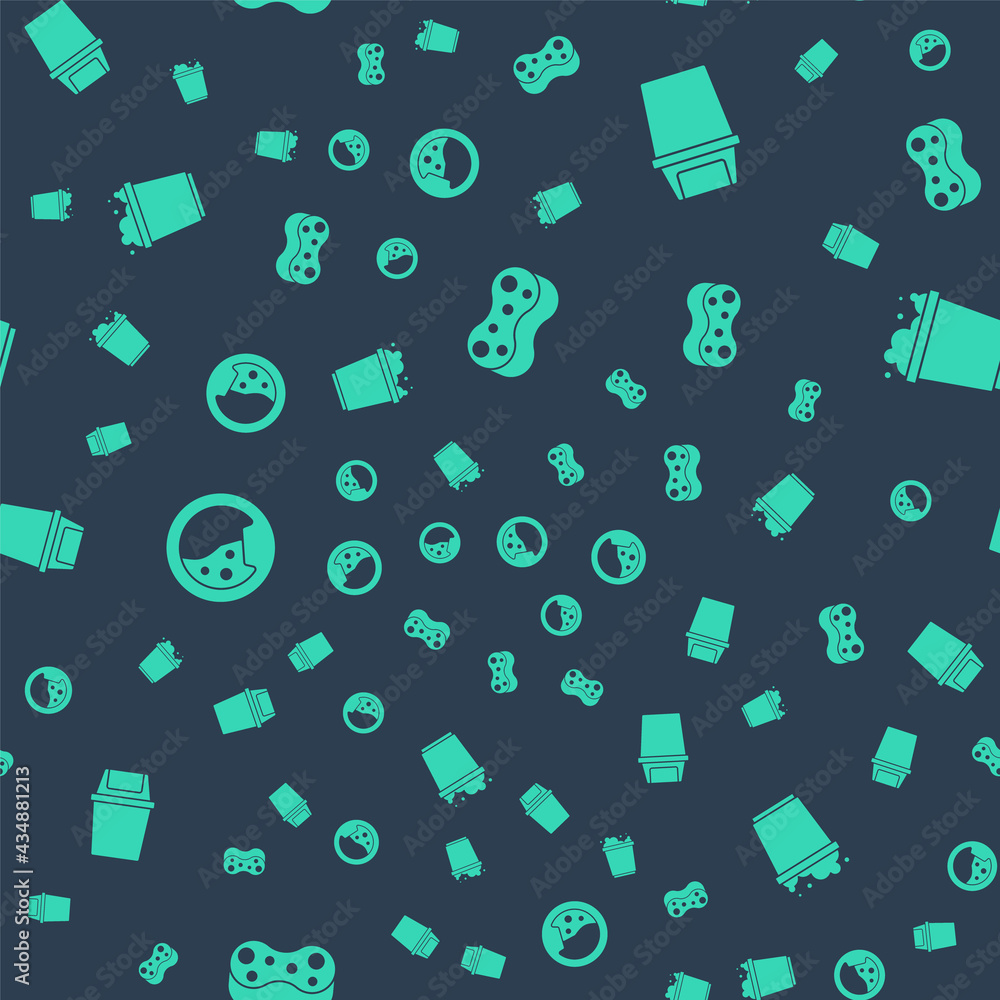 Poster set sponge, trash can, washer and bucket with foam on seamless pattern. vector