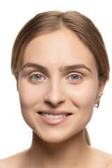 Obraz premium Close up portrait of young female fashion model isolated on white studio background. Beautiful caucasian woman with well-kept skin.