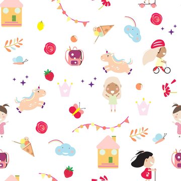 Cute girly seamless pattern with girly items and children on white background. For textile, wallpaper, wrapping paper, packaging, book cover. Vector pattern.