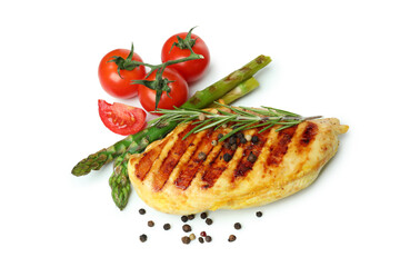 Grilled chicken meat and ingredients isolated on white background