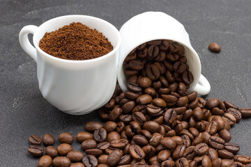 Cup with ground coffee beans. Cup with roasted coffee beans