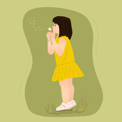 Little girl in a yellow dress blowing on a dandelion. Vector illustration.