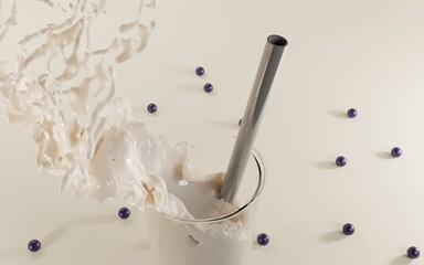 Glass of bubble milk tea, milkshake or chocolate cocktail with straws top view. Cup cold coffee on almond milk with splash wave. Realistic 3d illustration drink with blueberries, fruit jelly balls