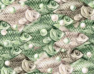Texture from hand drawn large fish with scales. Carps, perches and dorado in a seamless pattern for textiles and fashion designs