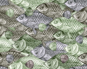 Texture from hand drawn large fish with scales. Carps, perches and dorado in a seamless pattern for textiles and fashion designs
