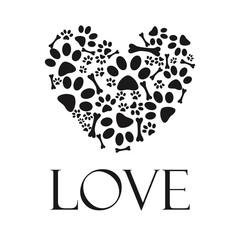 Heart made from paw prints. Love text writing.