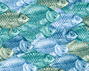 Fototapeta na wymiar Texture from hand drawn large fish with scales. Carps, perches and dorado in a seamless pattern for textiles and fashion designs