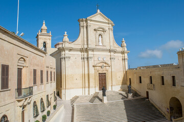 The facade of the Cathedral, dedicated to St Mary or the Assumption in the Cittadella walled city,...
