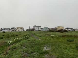 Hillside view of historic downtown building in the town of Mendocino, California