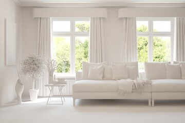 Fototapeta premium Mock up of stylish room in white color with sofa and green landscape in window. Scandinavian interior design. 3D illustration