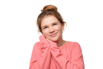 close up young girl feeling happiness, waiting for good thing happen, smiling leaning face on palms