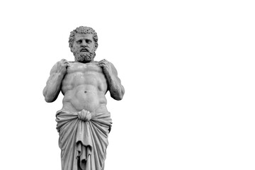 Hephaestus. In antique Greek and Roman mythology god of the forge and blacksmiths. An ancient statue isolated on white background. Copy space for design or text.