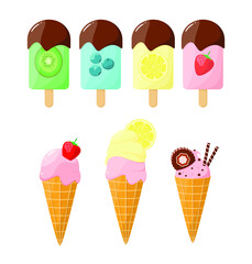 Ice cream set. Berry popsicle with chocolate icing. Ice cream in a waffle cone.