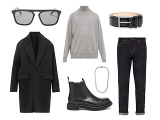 man trendy fashion clothes collage on white