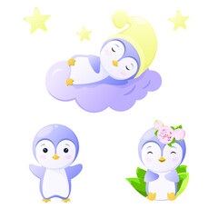 A set of cute penguins. Children's animal illustration.