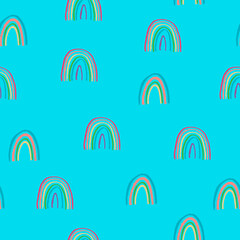 Seamless pattern with rainbows in childs drawing style on turquoise sky background