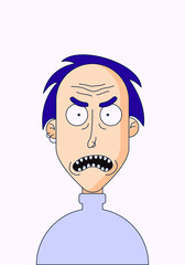 Vector illustration of a cartoon character in a flat style. An angry man with smoothed hair in a turtleneck and piercings. 