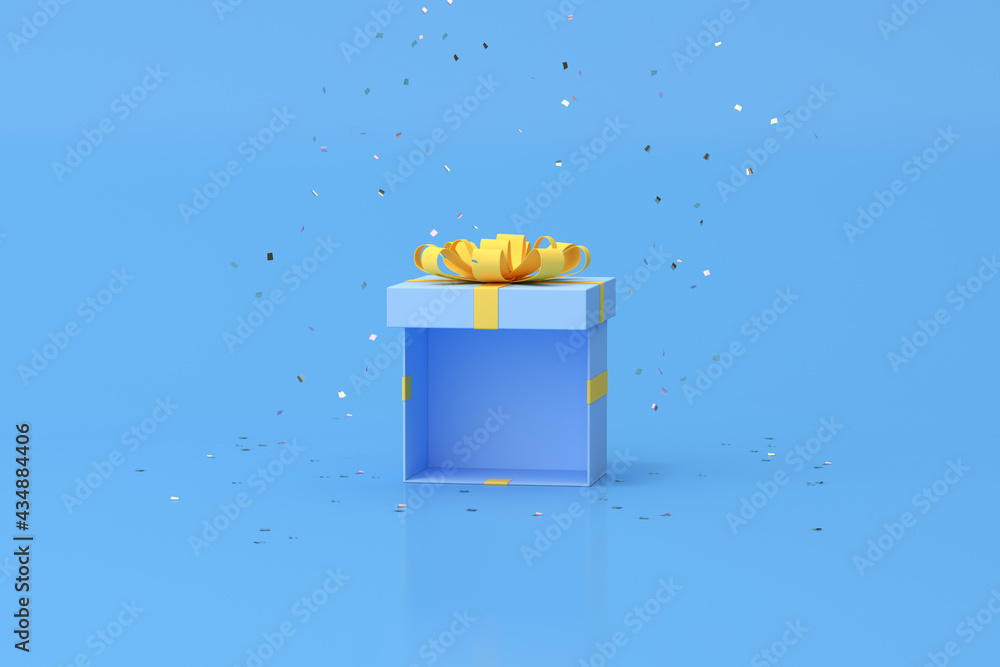 Poster minimal trendy scene of gift box on golden confetti particles background, 3d rendering.