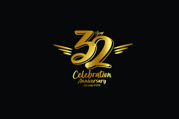 32 year anniversary gold colors on black background  with triple small stripes on left and right- vector 