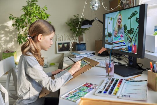 Creative online drawing lesson. Girl child drawing with watercolors - Powered by Adobe