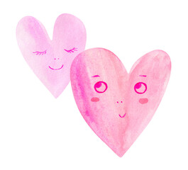 Loving couple of happy hearts, watercolor illustration, isolated on white. 