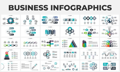 Fototapeta na wymiar Bundle of abstract infographic elements. Can be used for steps, business processes, workflow, diagram, flowchart concept and timeline. Circles, pyramid, earth, target and other elements