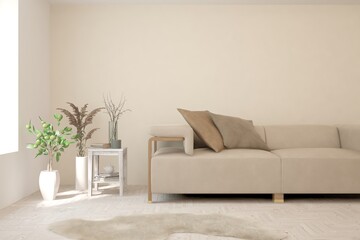 Soft color living room with sofa. Scandinavian interior design. 3D illustration