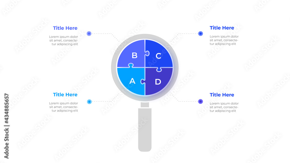 Aufkleber infographic magnifier puzzle design template. modern vector illustration. concept of 4 steps or opti