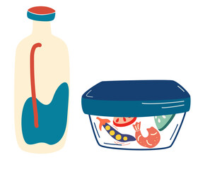 Lunch in a container. Food in a lunch box and a bottle of milk. School, Office Snack in a Plastic Container. Healthy fresh and natural food concept. Healthy Breakfast. Vector flat illustration.
