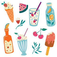 Summer food and drinks. Watermelon, cherry, ice cream, lemonade, soda, milkshake. Summer vacation. Cute hand drawn set. Beach party icons. Good for web, banners, posters, cards. Vector illustration.