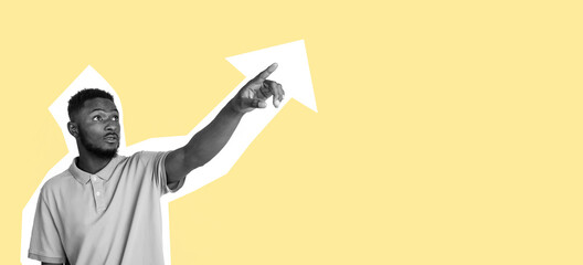 Portrait of young african man on yellow background in magazine style, collage.