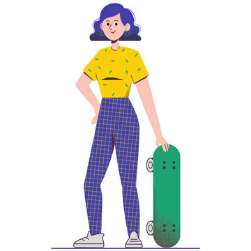 Cute girl with a skateboard. Flat vector illustration