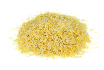 Heap of long parboiled rice isolated on white background..