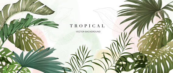 Abstract art tropical leaves background vector. Wallpaper design with watercolor art texture from palm leaves, Jungle leaves, monstera leaf, exotic botanical floral pattern.  © TWINS DESIGN STUDIO
