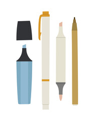 Vector illustration of different markers and felt-tip pen. Hand-drawn illustration in flat style. Suitable for illustrating the learning process, education, drawing. Stationery set.
