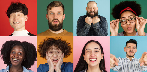 Portraits of group of people on multicolored background, collage.