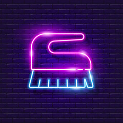 Cleaning brush neon sign. Glowing tool icon for household chores. Vector illustration for design, advertising, signboards. Cleaning service concept.