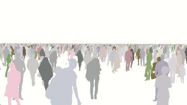 Camera panning or walking around in the crowd of colorful people in the round path with white isolated background